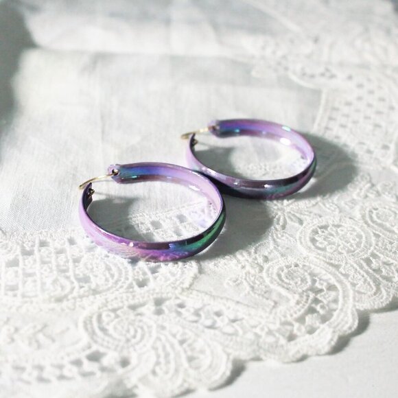 Violet Hoop Earrings, 80s Vintage Deadstock, Enamel Hoops - Picture 4 of 7